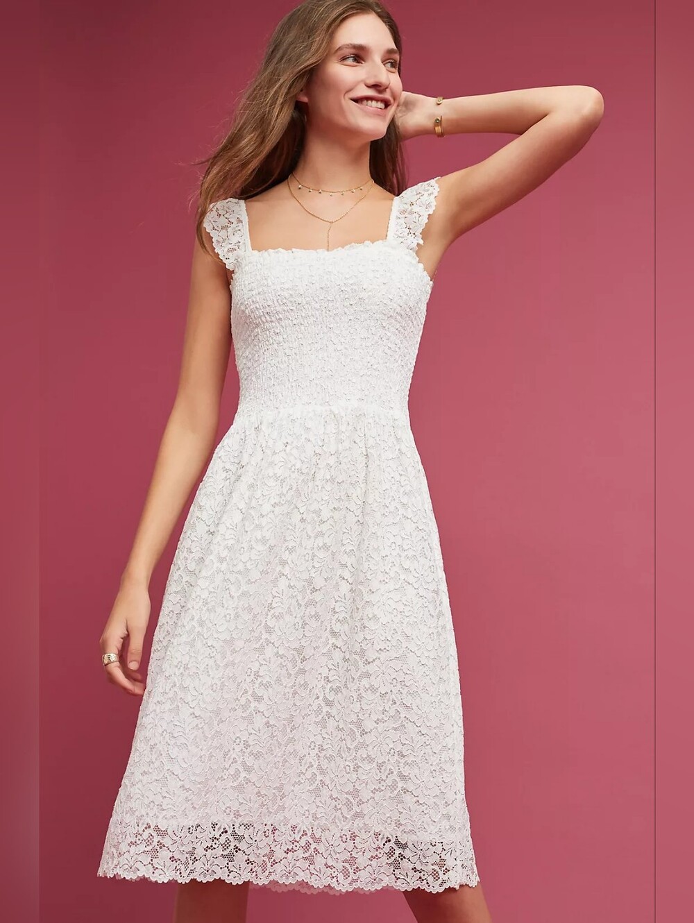 Anthropologie Maeve Anastasi Smocked Lace Midi Dress Ivory S